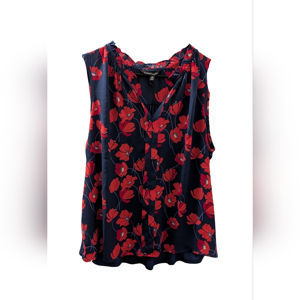 41 Hawthorn Navy Blue Sleeveless Floral Blouse with Red Poppies